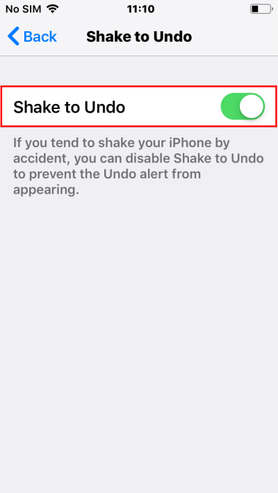 Tap the toggle switch to turn Shake to Undo off